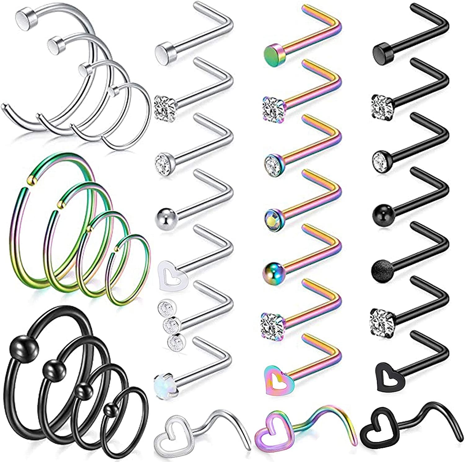 Kridzisw 18G 20G Nose Rings Hoop Stainless Steel L-Shaped Nose Rings Studs Screw Clear Clicker Retainer Tragus Cartilage Helix Earrings Piercing Hoop 27-36Pcs Apparel & Accessories > Jewelry > Body Jewelry Kridzisw Set D:18G(1.0MM)-Mix Color