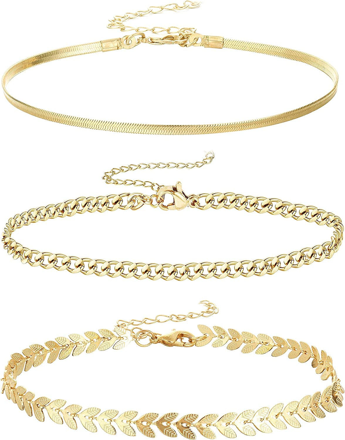 Jstyle 3Pcs Gold Anklet for Women Figaro/Herringbone/Cuban/Paperclip Link Chain Ankle Bracelet Adjustable Beach Foot Jewelry Apparel & Accessories > Jewelry > Anklets Jstyle A