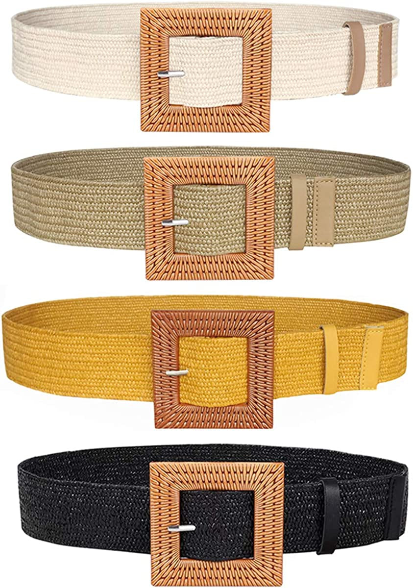 Women Skinny Dress Belt, Fashion Straw Woven Elastic Stretch Waist Band Wood Buckle Belt Apparel & Accessories > Clothing Accessories > Belts YUCFOREN 4 Pack- Black /Khaki /Sand/Yellow Waist below 36"
