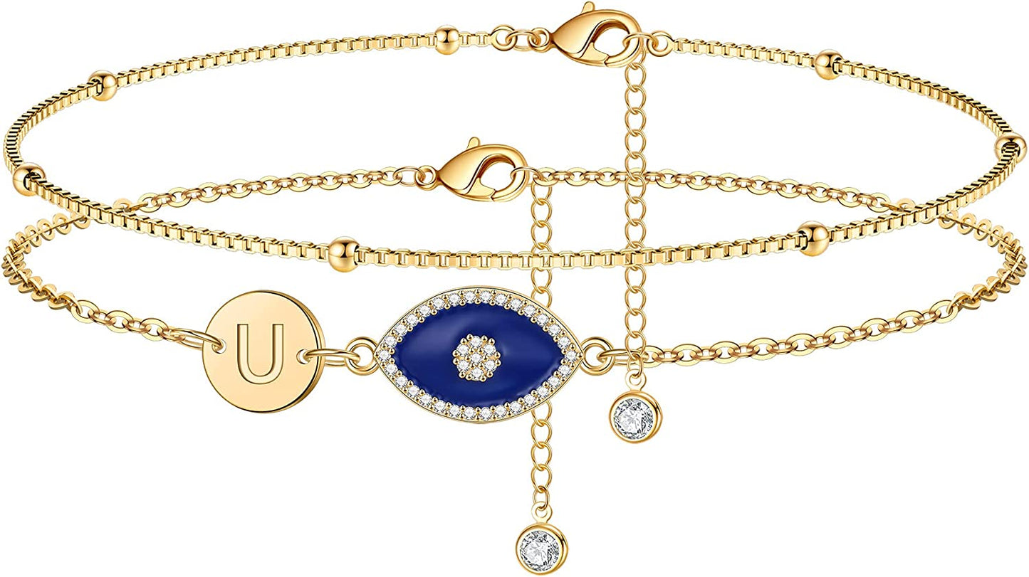 Layered Gold Anklets for Women, 14K Real Gold Plated Box Chain Ankle Bracelets for Women Dainty Evil Eye Anklets Layered Initial Anklets for Women Summer Jewelry Foot Bracelets for Women Apparel & Accessories > Jewelry > Anklets IEFWELL U