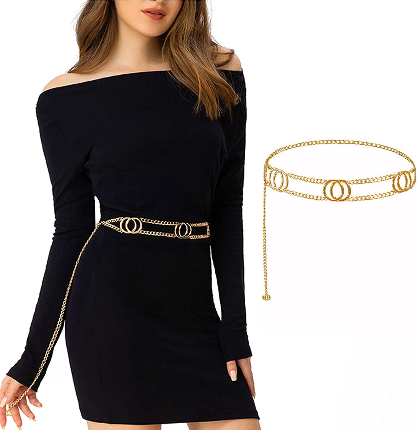 FAN&LOUIS Gold Waist Chain Belt for Women Dresses Metal Link Dangling Cinturones De Mujer Apparel & Accessories > Jewelry > Body Jewelry FAN&LOUIS Double O L: Fit waist 40"- 46"