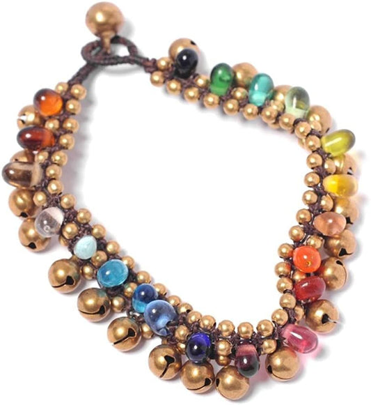 81Stgeneration Gold Tone Brass Anklet with Bells and Rainbow Colour Glass Beads - Indian Style Beaded Ankle Bells - Feet Jewelry for Women - Multicolour Ankle Bracelet - Boho Gypsy Fashion Apparel & Accessories > Jewelry > Anklets 81stgeneration