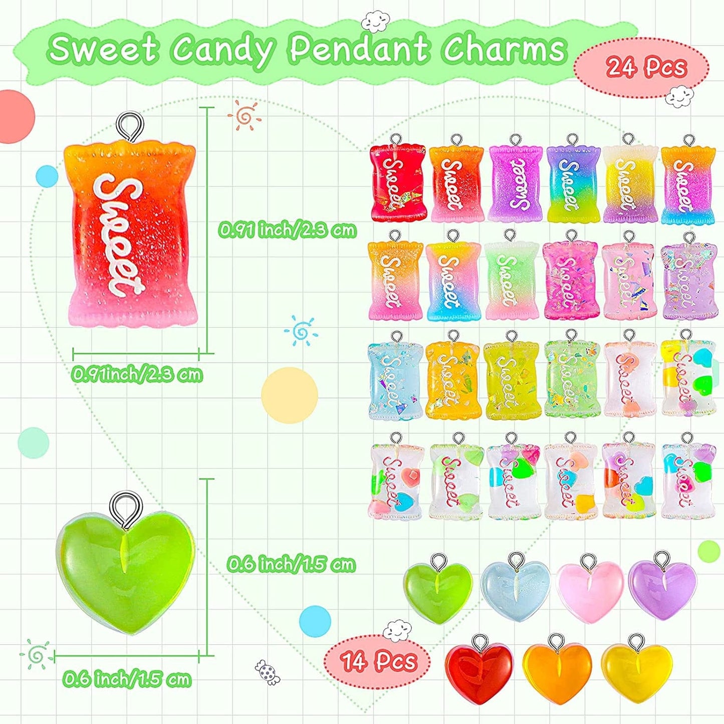 82 Pieces Candy Pendant Charm for Jewelry Making, Includes 24 Resin Candy Pendant, 22 DIY Bear Charms, 14 Gummy Heart Charms, 10 Lollipop Polymer Clay Charms and 12 Milk Tea Ice Cream Charms
