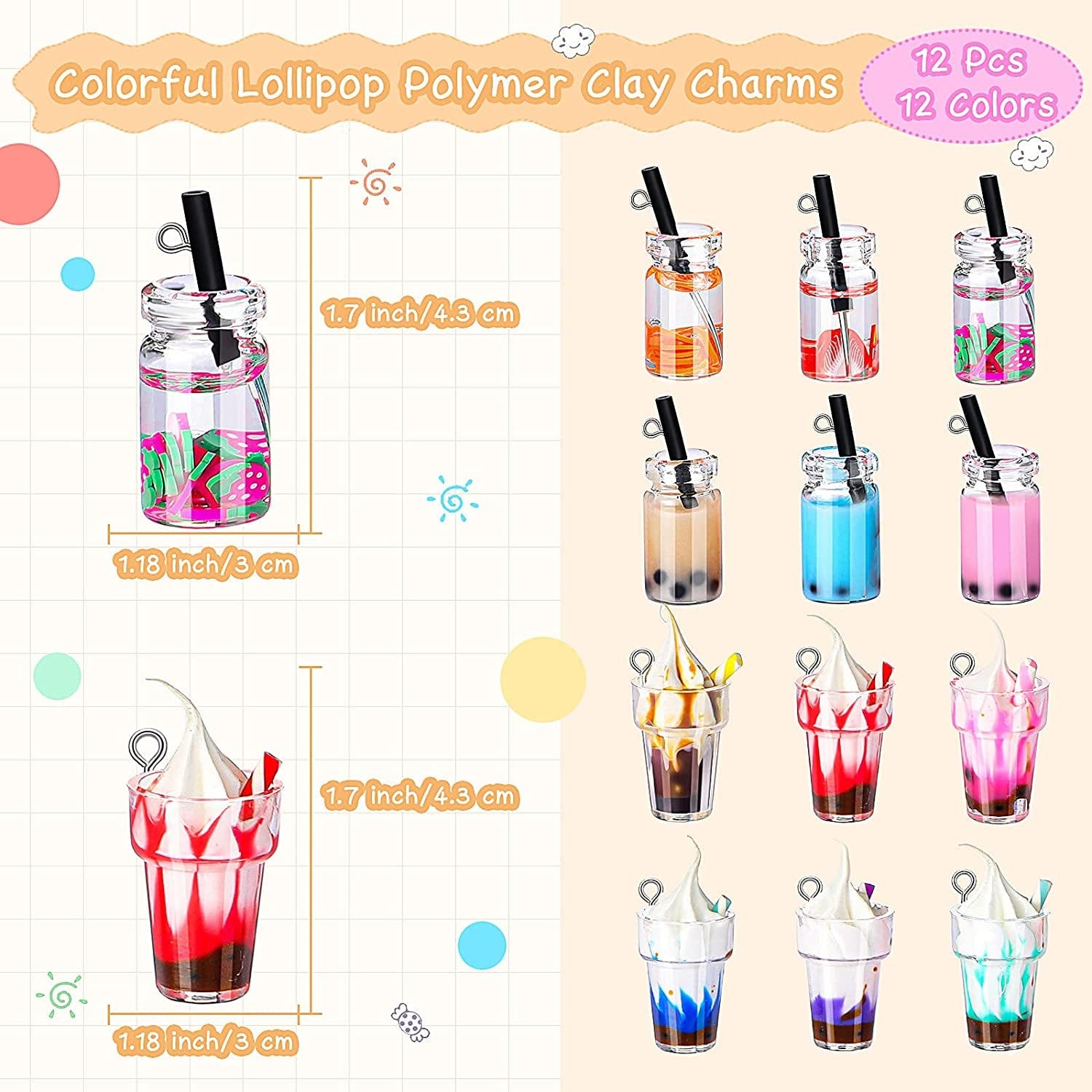 82 Pieces Candy Pendant Charm for Jewelry Making, Includes 24 Resin Candy Pendant, 22 DIY Bear Charms, 14 Gummy Heart Charms, 10 Lollipop Polymer Clay Charms and 12 Milk Tea Ice Cream Charms