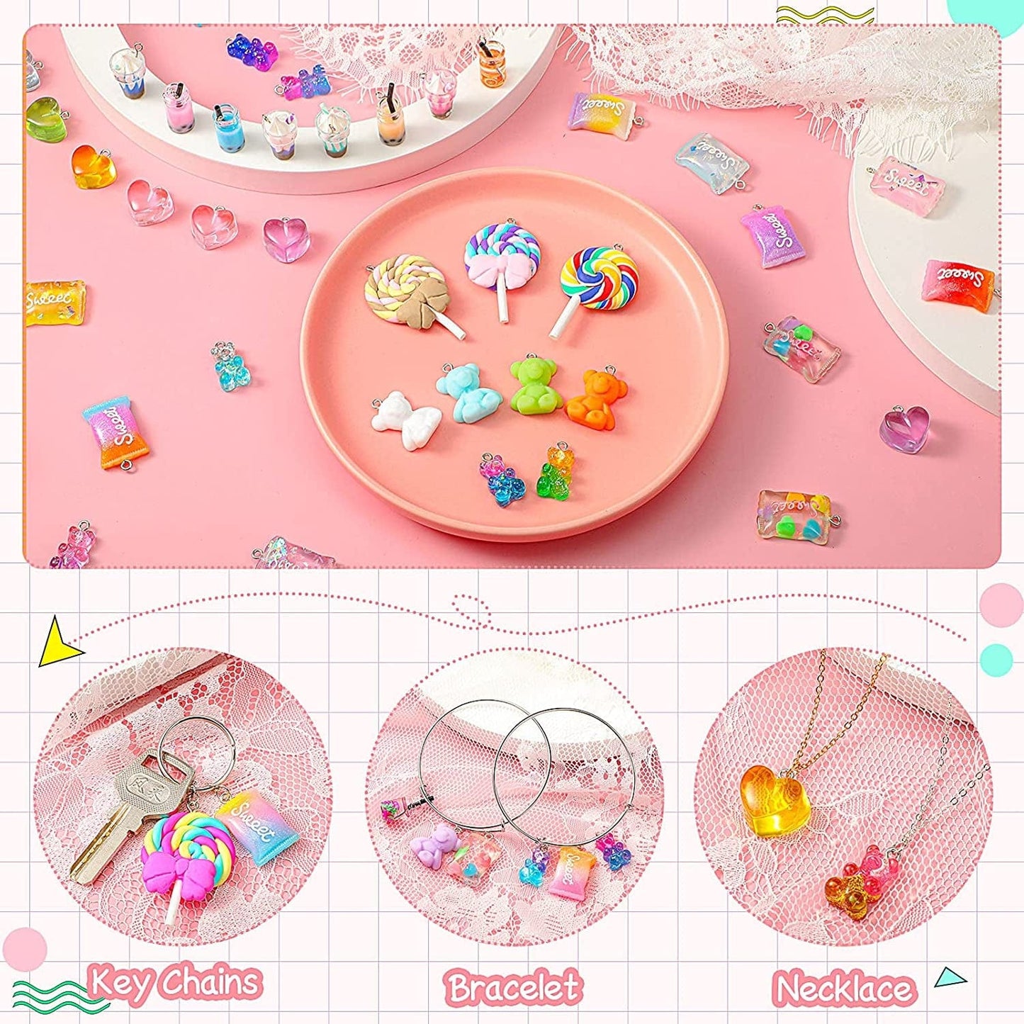 82 Pieces Candy Pendant Charm for Jewelry Making, Includes 24 Resin Candy Pendant, 22 DIY Bear Charms, 14 Gummy Heart Charms, 10 Lollipop Polymer Clay Charms and 12 Milk Tea Ice Cream Charms