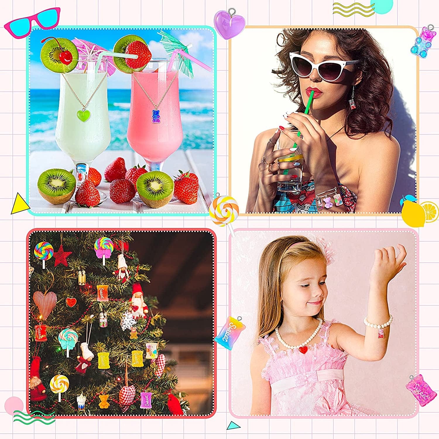82 Pieces Candy Pendant Charm for Jewelry Making, Includes 24 Resin Candy Pendant, 22 DIY Bear Charms, 14 Gummy Heart Charms, 10 Lollipop Polymer Clay Charms and 12 Milk Tea Ice Cream Charms