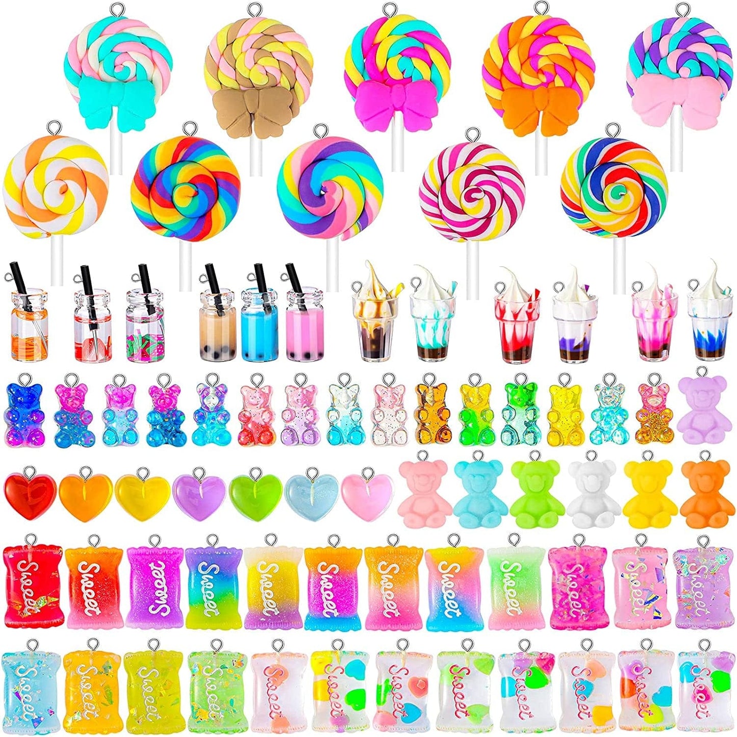 82 Pieces Candy Pendant Charm for Jewelry Making, Includes 24 Resin Candy Pendant, 22 DIY Bear Charms, 14 Gummy Heart Charms, 10 Lollipop Polymer Clay Charms and 12 Milk Tea Ice Cream Charms