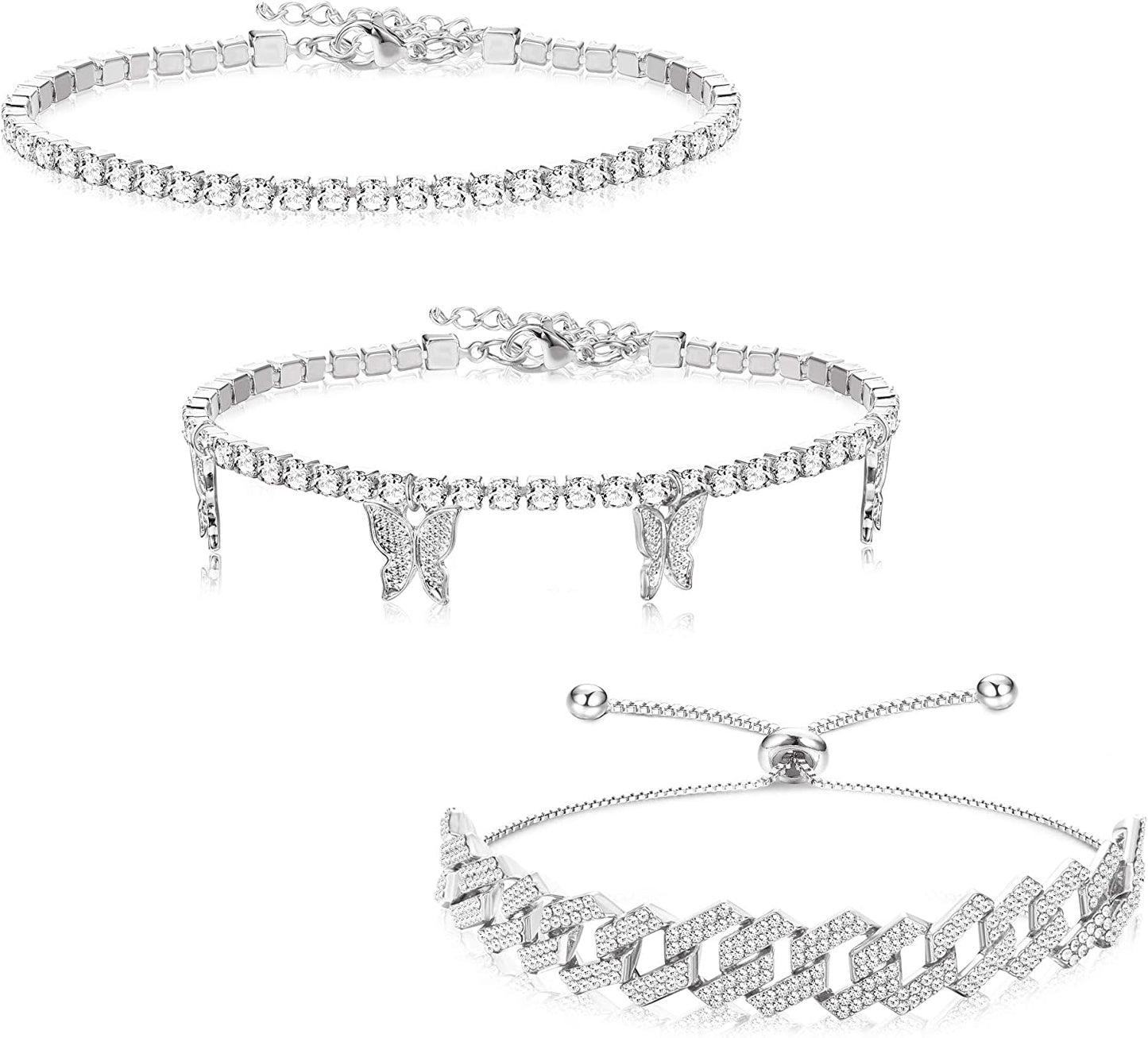 FINREZIO 3PCS Butterfly Anklet Bracelet for Women Summer Beach Cute Foot Jewelry Cuban Link Rhinestone Crystal Tennis Anklets Set Adjustable Apparel & Accessories > Jewelry > Anklets FINREZIO Silver tone
