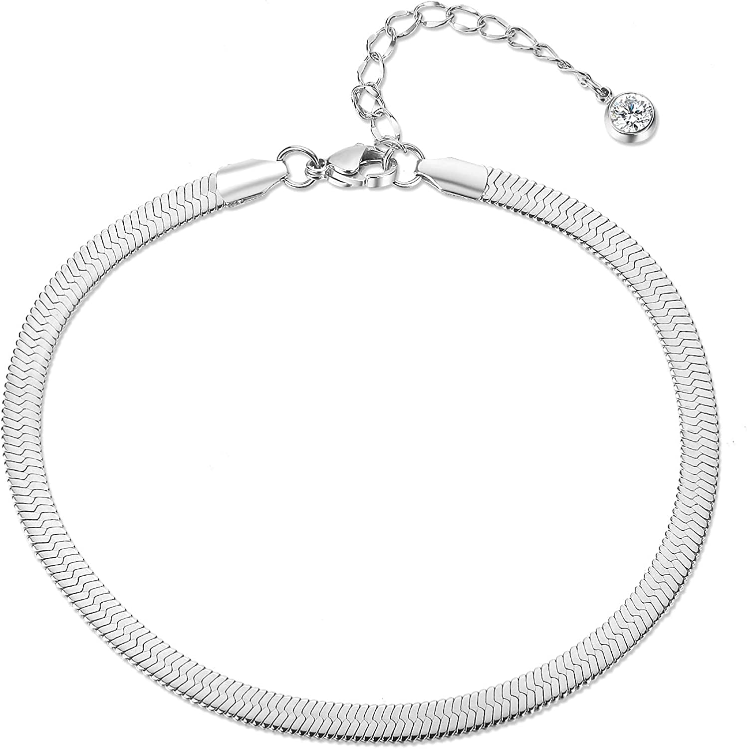 QJLE 18K Gold Plated Flat Snake Chain Link Dainty Ankle Bracelets for Women, Boho Cute Summer Beach Anklet Adjustable Foot Jewelry Apparel & Accessories > Jewelry > Anklets QJLE 4mm Silver / Crystal