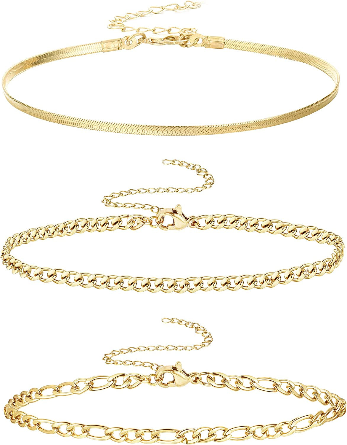 Jstyle 3Pcs Gold Anklet for Women Figaro/Herringbone/Cuban/Paperclip Link Chain Ankle Bracelet Adjustable Beach Foot Jewelry Apparel & Accessories > Jewelry > Anklets Jstyle E