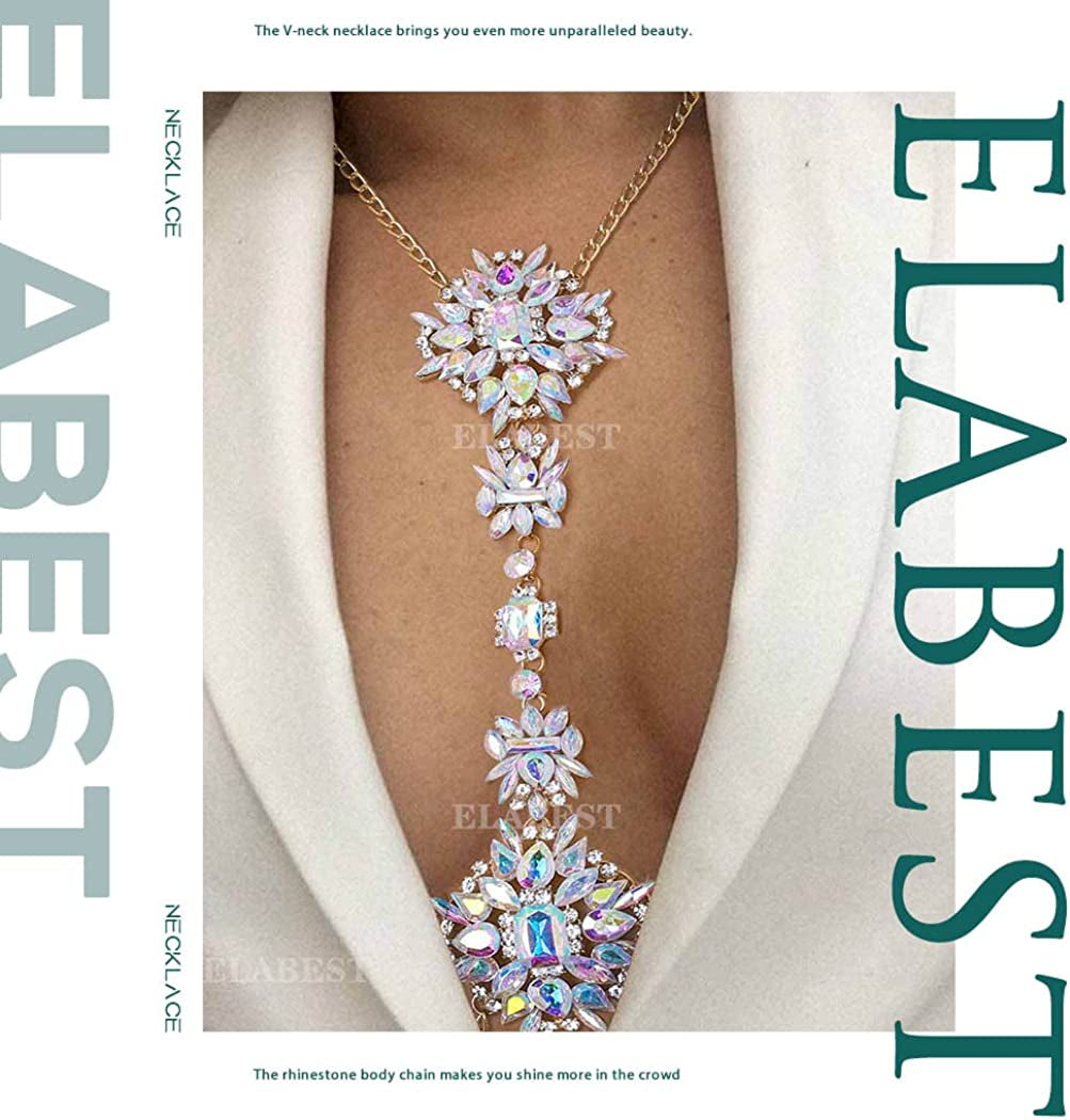 ELABEST Boho Rhinestone Statement Chest Chain Crystal Necklace Body Chain Summer Beach Body Jewelry Accessories for Women and Girls Apparel & Accessories > Jewelry > Body Jewelry ELABEST