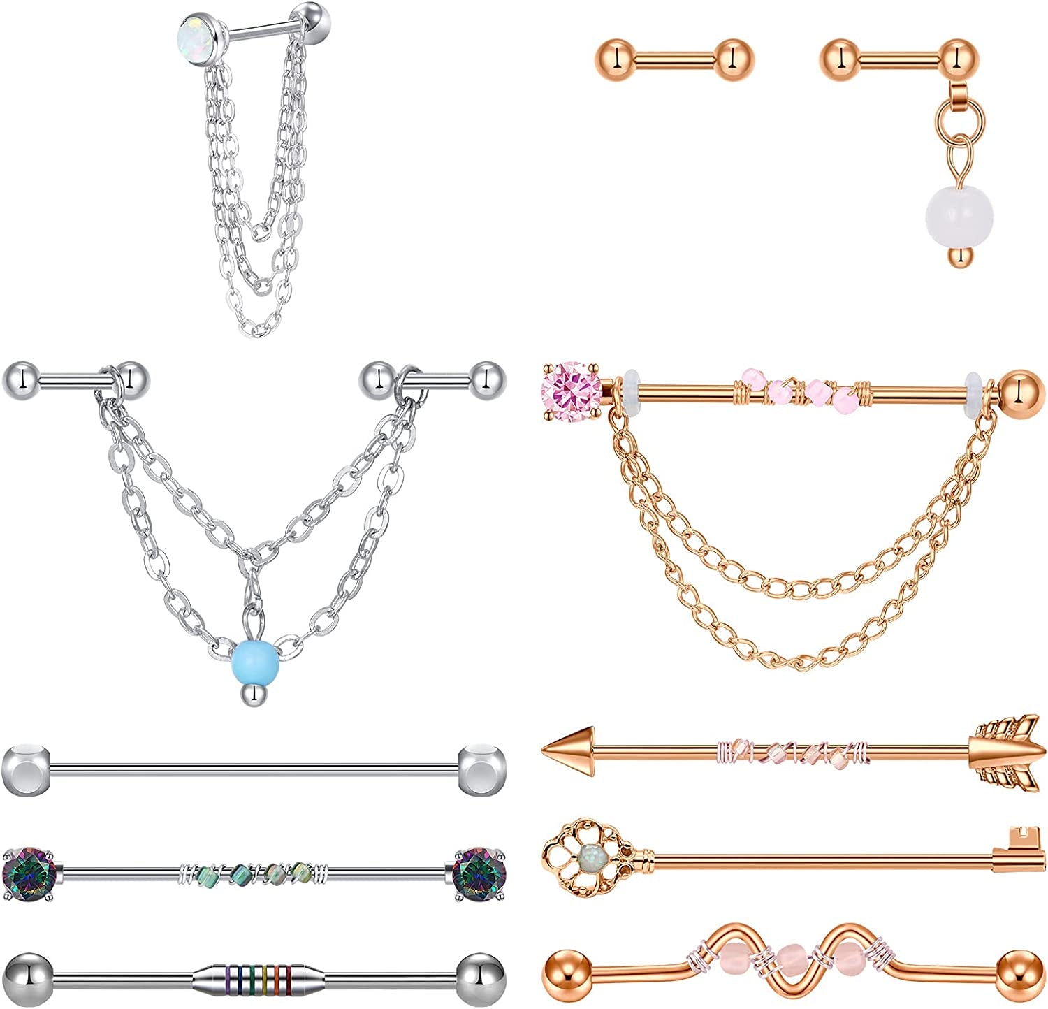 QWALIT Industrial Piercing Jewelry Industrial Piercing Industrial Earrings for Women Men 16G 14G Industrial Barbell Surgical Stainless Steel Scaffold Industrial Bar Piercing Iindustrial Bar Apparel & Accessories > Jewelry > Body Jewelry QWALIT V11: 14g & 16g -mix 10pcs