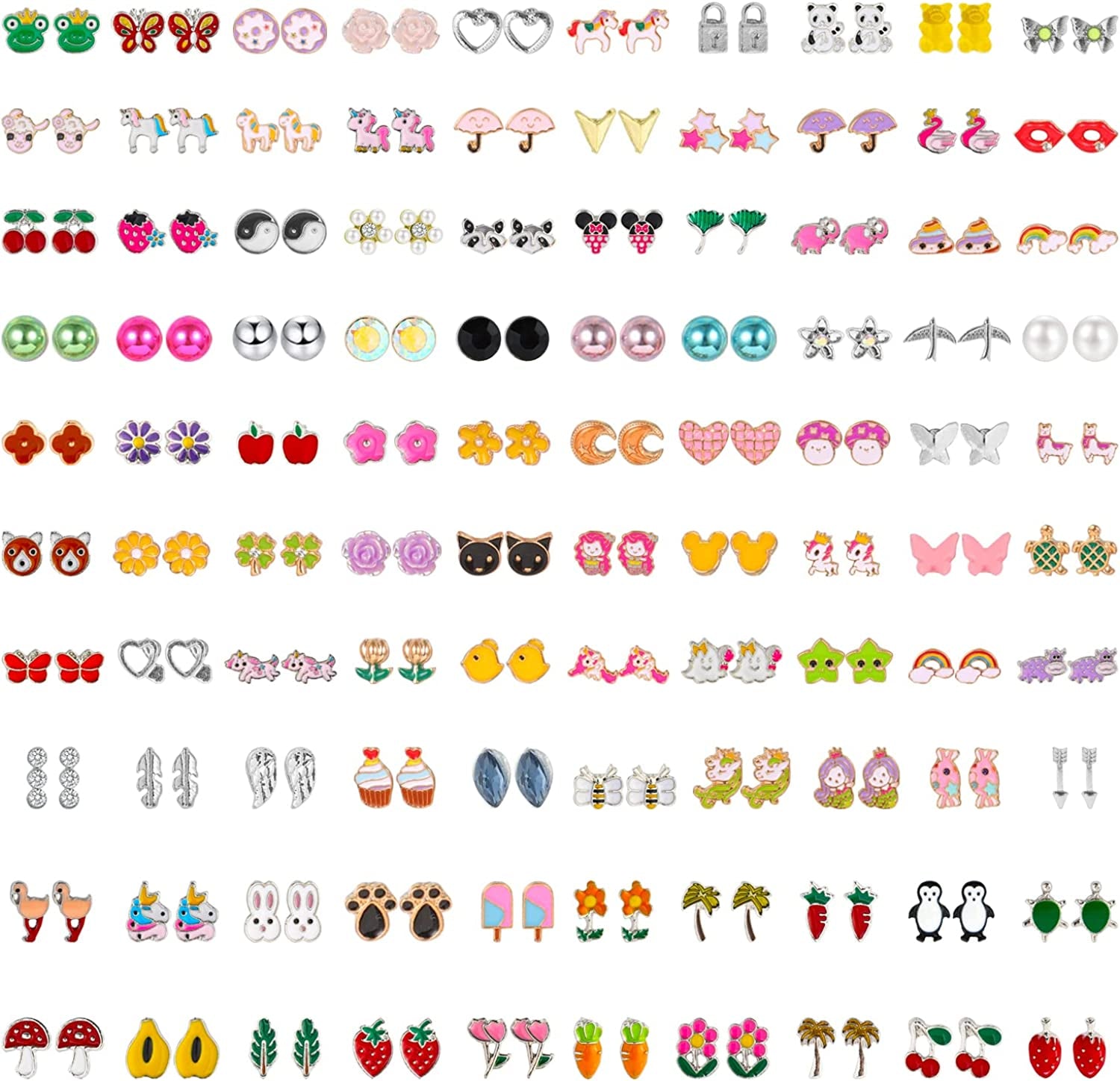 NEWITIN 100 Pairs Colorful Cute Stud Earrings for Girls Hypoallergenic Earrings Stainless Steel Earrings for Women Apparel & Accessories > Jewelry > Earrings NEWITIN Delicate Girl