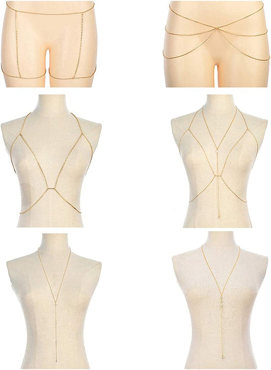 Tornito 6-8Pcs Sexy Belly Waist Chain Bikini Body Chain Summer Beach Body Jewelry Set for Women Girls Gold Tone Apparel & Accessories > Jewelry > Body Jewelry Tornito B0:6Pcs, Gold Tone