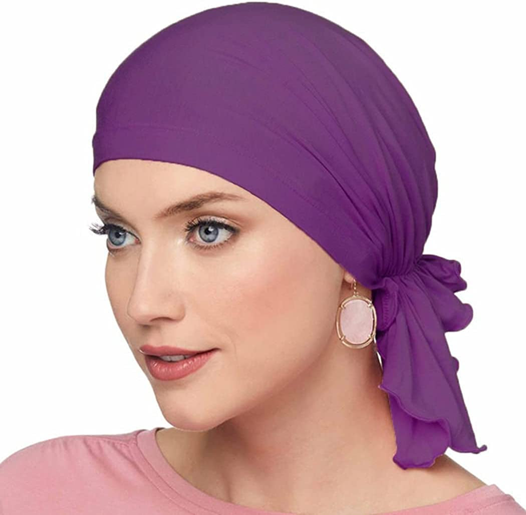 GORTIN Chemo Headwear Black Turban Headscarfs Cancer Slip on Headwear for Hair Loss Pre-Tied Sleep Beanie Headwraps for Women Apparel & Accessories > Clothing Accessories > Headwear GORTIN Purple