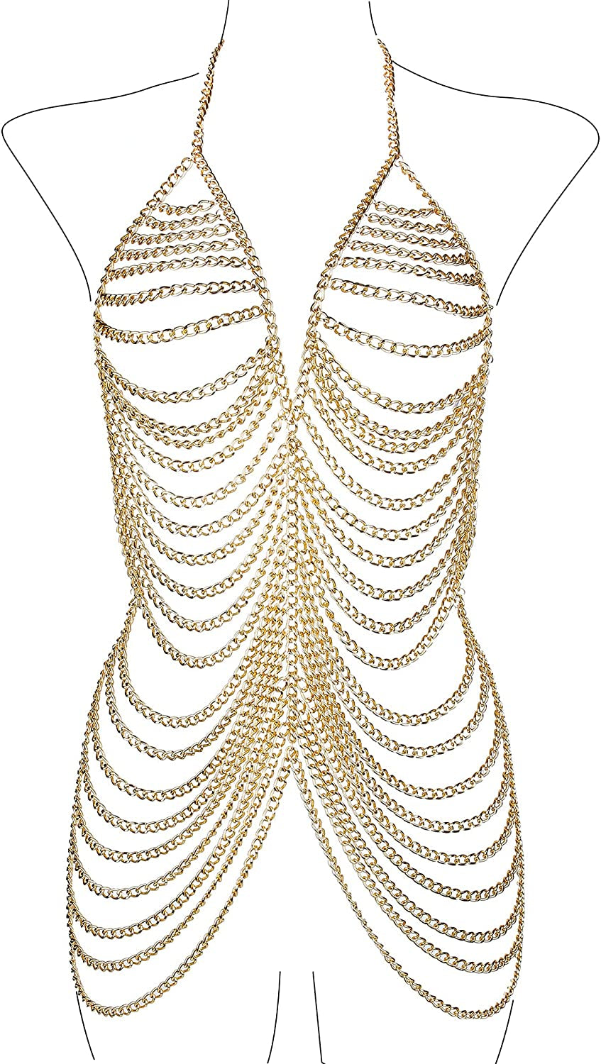 Maijiao Adjustable Gold Body Chain Set - Boho Summer Beach Bikini Belly Chain Jewelry for Women Rave Full Body Jewelry Layered Bra Chain Necklace Chain Dress Apparel & Accessories > Jewelry > Body Jewelry Maijiao Gold-1