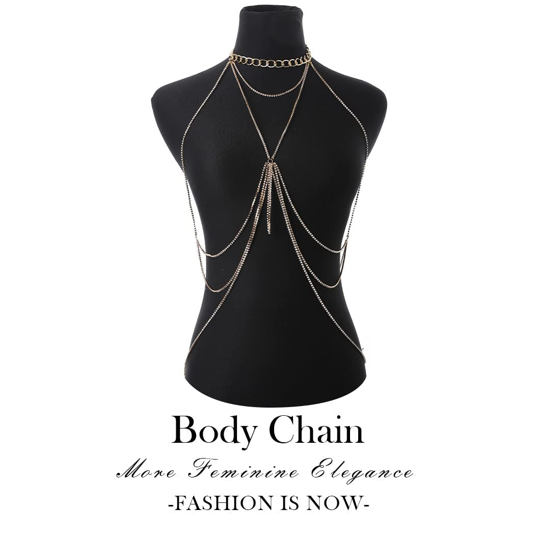 Ronglia Sexy Layered Body Chains Gold Rhinestone Bra Chain Rhinestone Belly Chain Bikini Beach Body Jewelry for Women and Girls Apparel & Accessories > Jewelry > Body Jewelry Generic