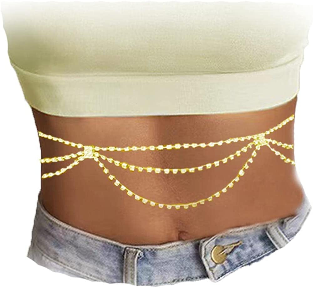 Butterfly Waist Chain with Crystals Gold Sexy Belly Chains Rhinestone Adjustable Beach Bikini Body Chain for Women Girls Stomach Jewelry Chain Summer Beach Bikini Belly Chains Rave Jewelry Gift Apparel & Accessories > Jewelry > Body Jewelry INLOLLY M Gold Rhinestone