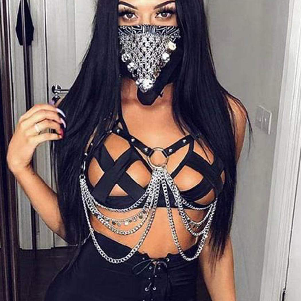 Twinklede Punk Leather Body Chain Bra Silver Layered Chest Chains Festival Rave Harness Chain Body Chain Jewelry for Women and Girls Apparel & Accessories > Jewelry > Body Jewelry TWINKLEDE