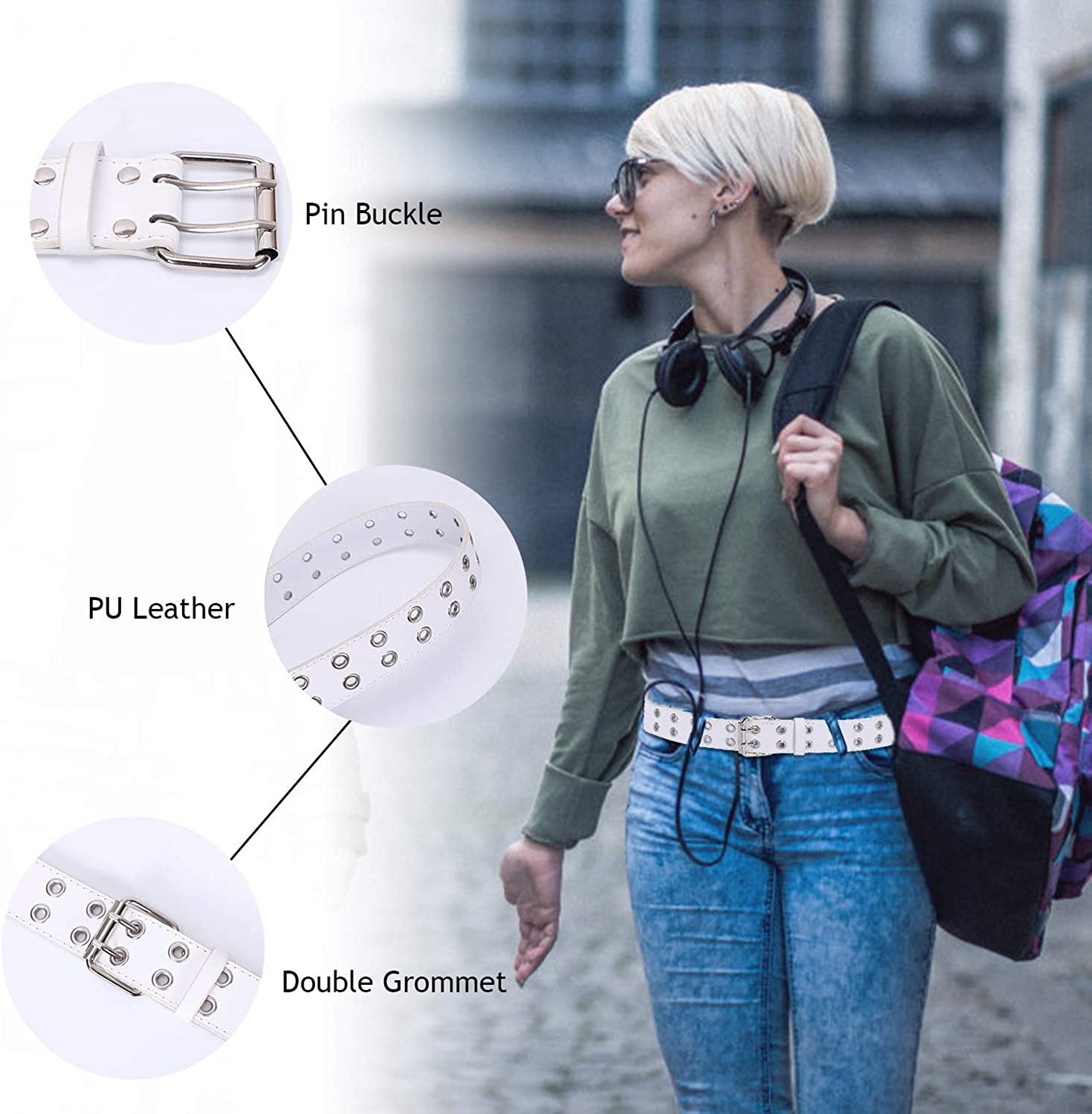Double Grommet PU Leather Belt for Women/Men Punk Metal Jean Belt Wide 1.5 Inch Apparel & Accessories > Clothing Accessories > Belts XZQTIVE
