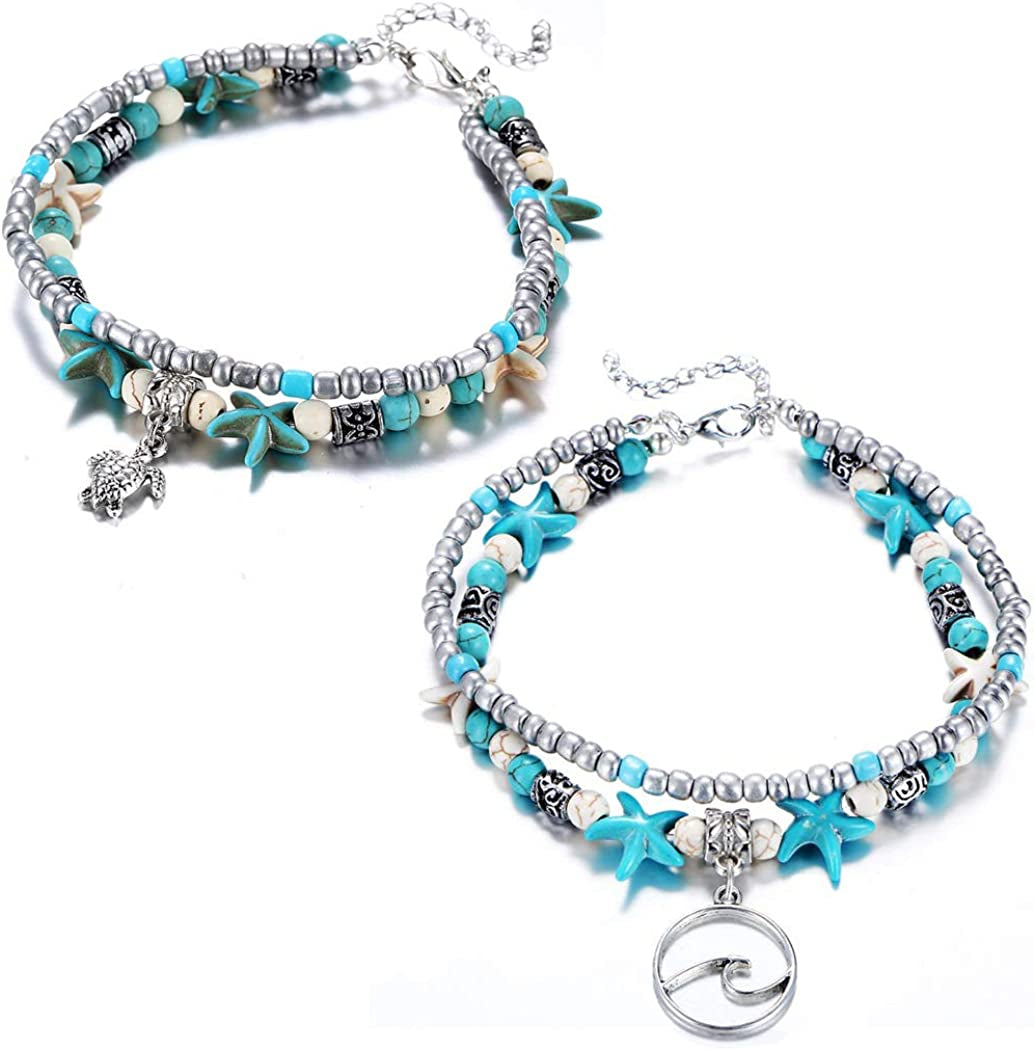 Starain Blue Turtle Anklets for Women Girls Multilayer Beads Handmade Beach Ankle Bracelet Set Boho Foot Jewelry Apparel & Accessories > Jewelry > Anklets Starain 2 Pcs Animal Ankle Bracelet