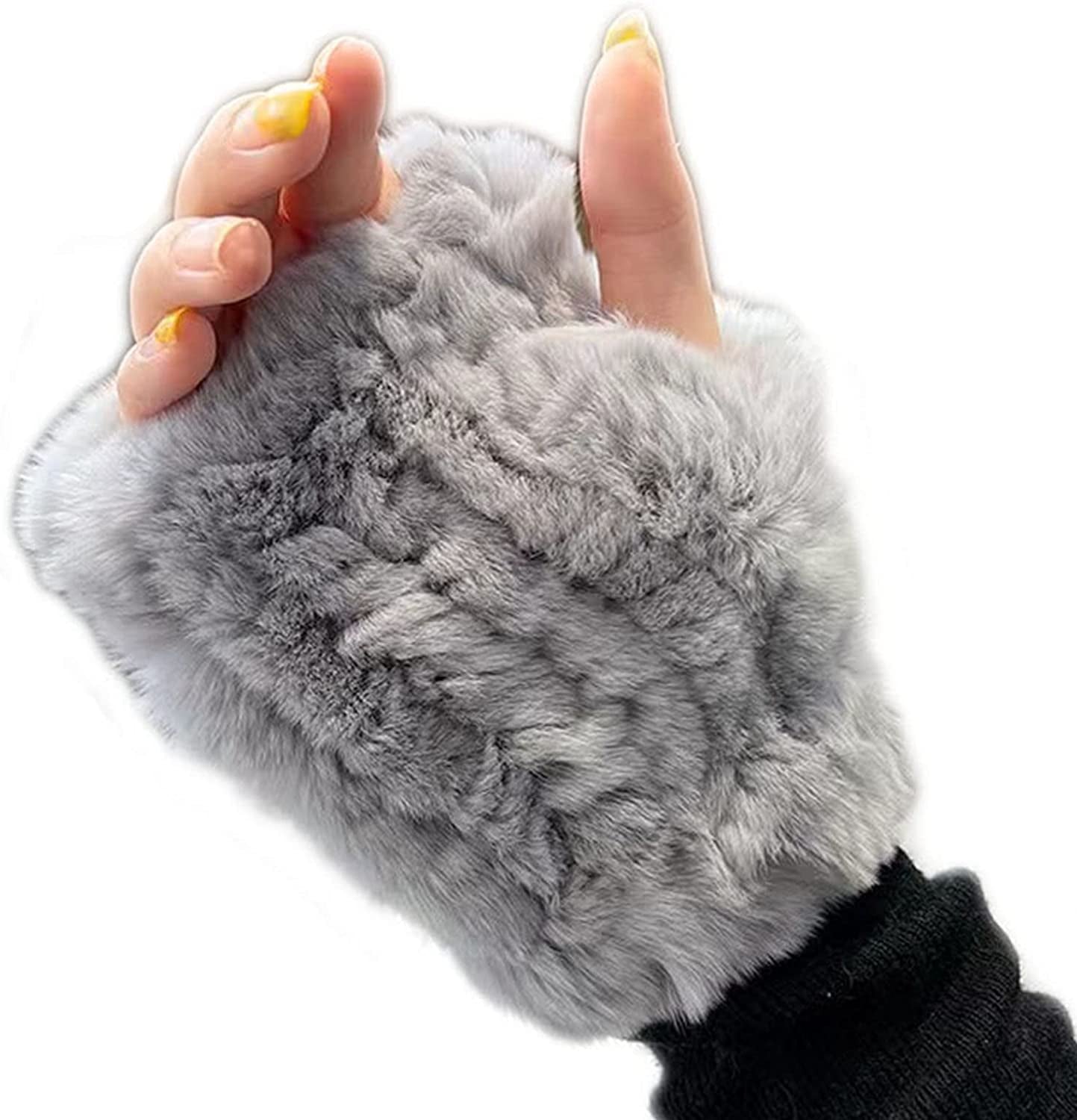 Forssils Real Rabbit Fur Gloves for Women Winter Furry Gloves Mittens Gloves Knitted Fingerless Gloves Apparel & Accessories > Clothing Accessories > Gloves & Mittens Forssils Grey