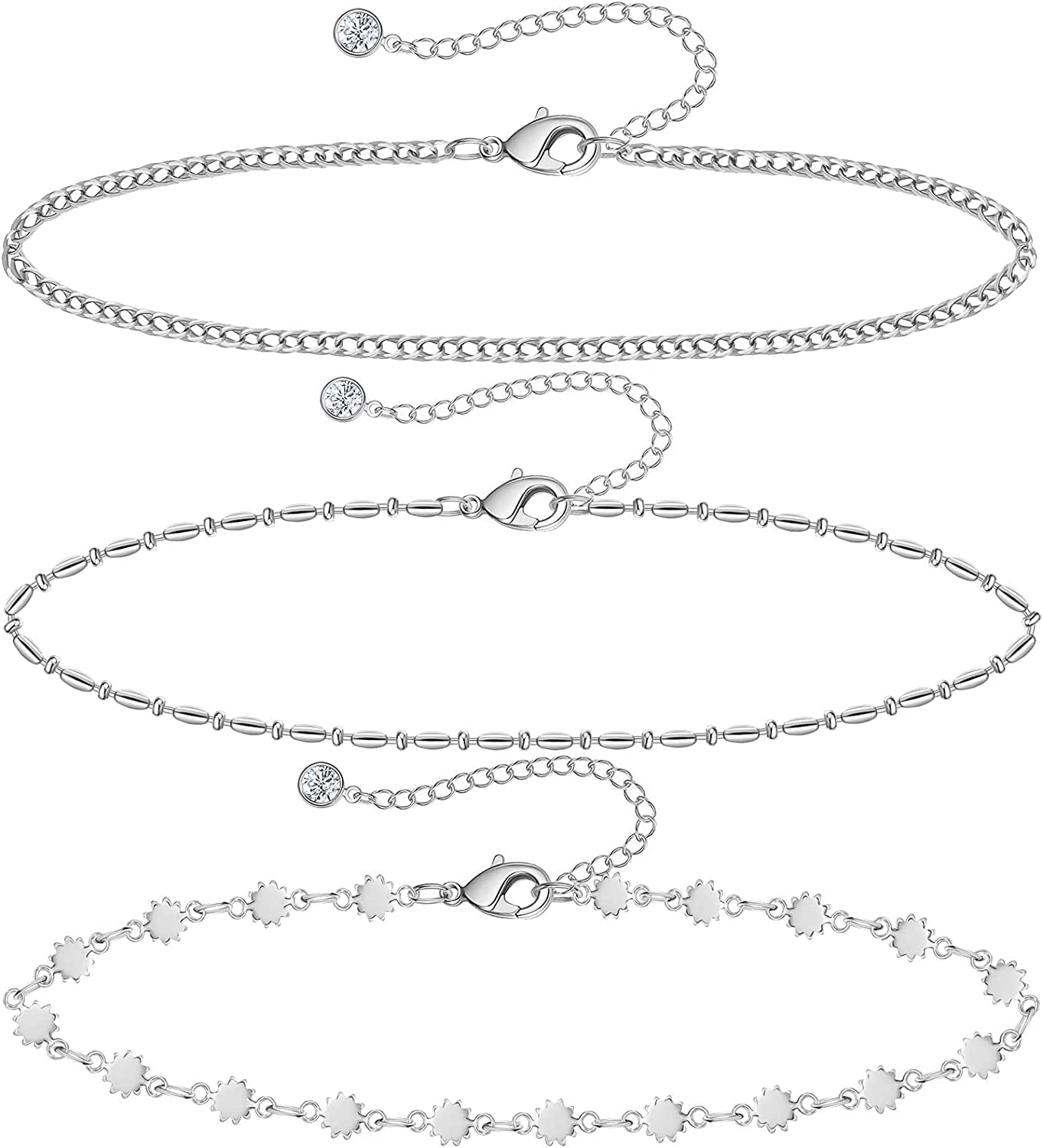 Gold Ankle Bracelets for Women 14K Gold Plated Anklet Silver Rose Gold Evil Eye Tennis Crystal Cubic Zirconia Faux Diamond Rhinestone Anklet Dainty Layered Anklet Set 3Pcs Apparel & Accessories > Jewelry > Anklets Vermeyen N-White Gold-Daisy