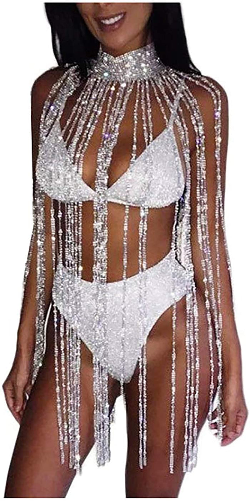 Fstrend Women Rhinestone Choker Long Tassel Necklaces Sparkly Crystal Collar Necklace Fashion Statement Party Festival Body Accessories Jewelry Chain Apparel & Accessories > Jewelry > Necklaces Fstrend Silver