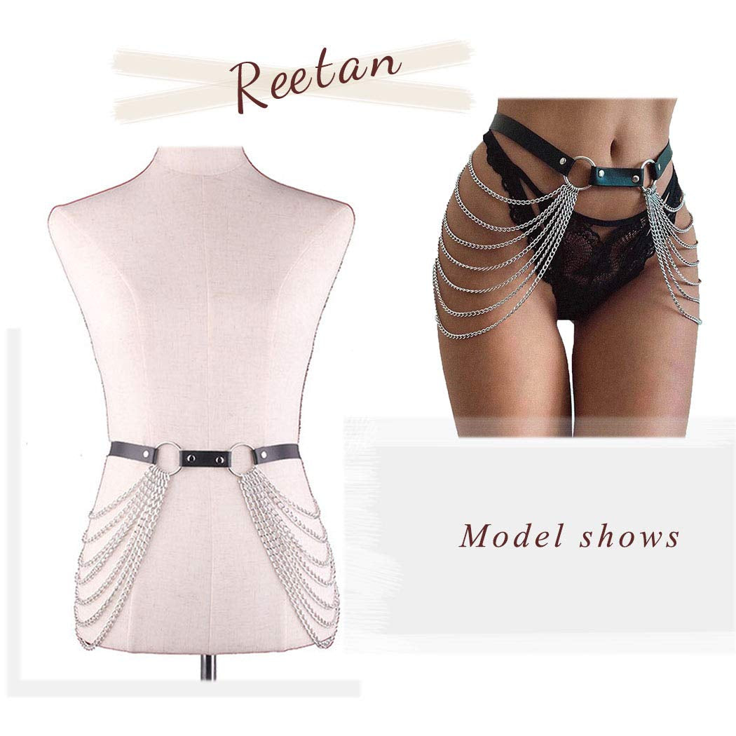 Reetan Punk Waist Chain Leather Layered Belly Body Chains Ring Belt Waist Chains Rave Party Body Jewelry Accessories for Women and Girls Apparel & Accessories > Jewelry > Body Jewelry REETAN