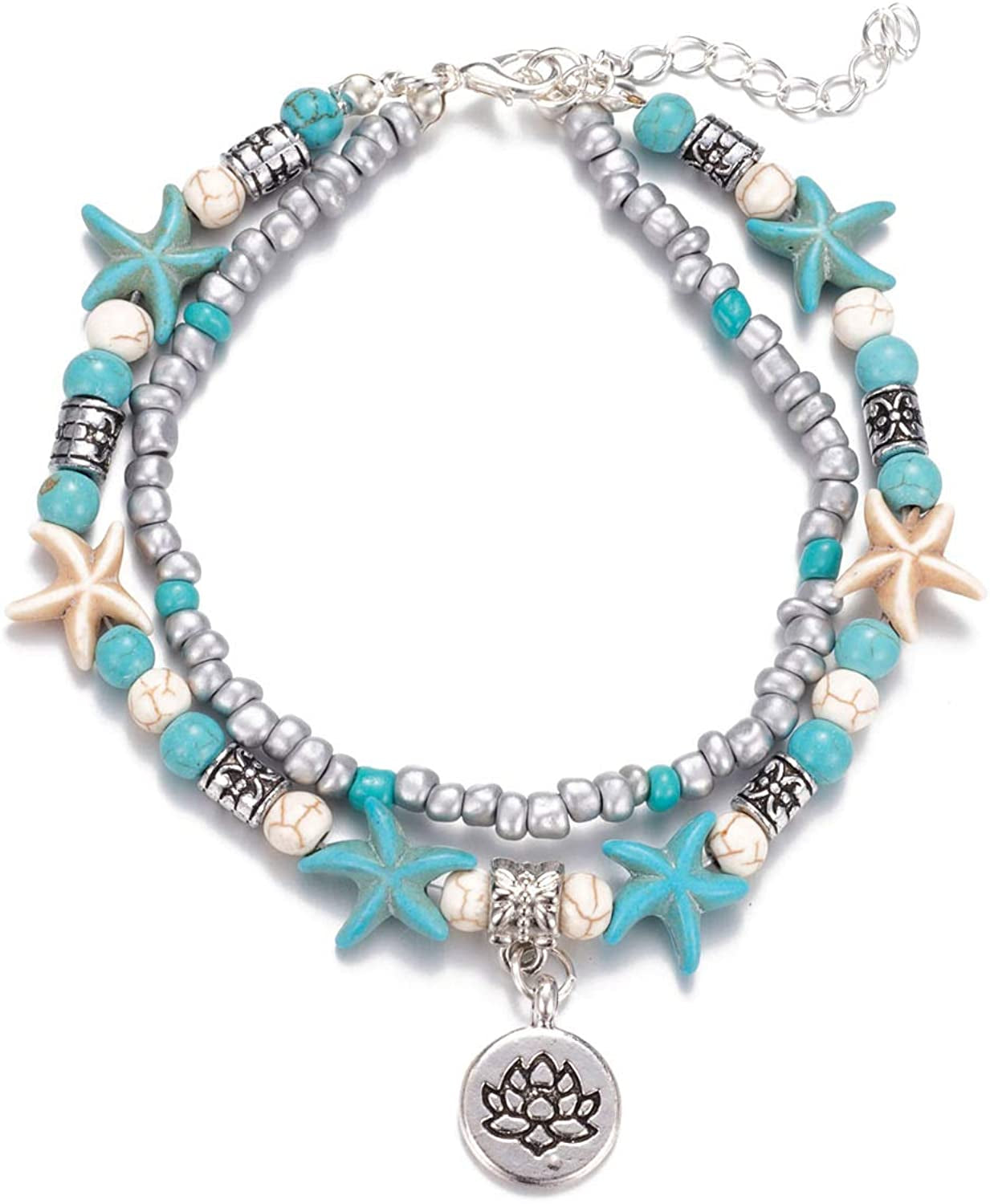 Softones Blue Starfish Turtle Anklet Multilayer Charm Beads Sea Handmade Boho Anklet Foot Jewelry for Women Girl Apparel & Accessories > Jewelry > Anklets Softones S:Flower