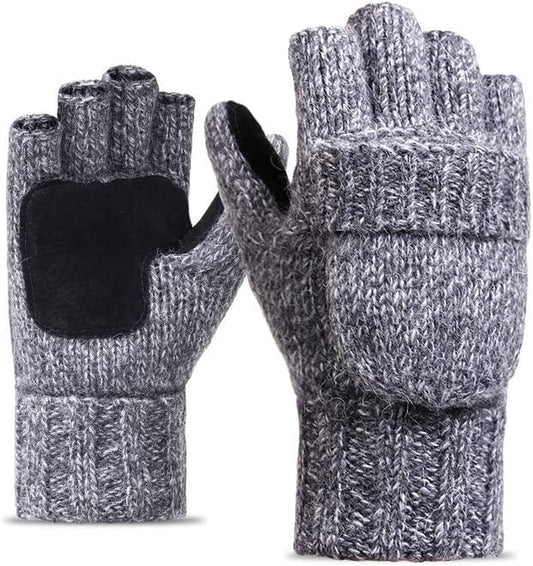 BOUYA Unisex Knitted Convertible Fingerless Gloves Thermal Insulation Wool Mittens Flap Cover Half-Finger Warm Mitten Glove Apparel & Accessories > Clothing Accessories > Gloves & Mittens ノーブランド品 Gray