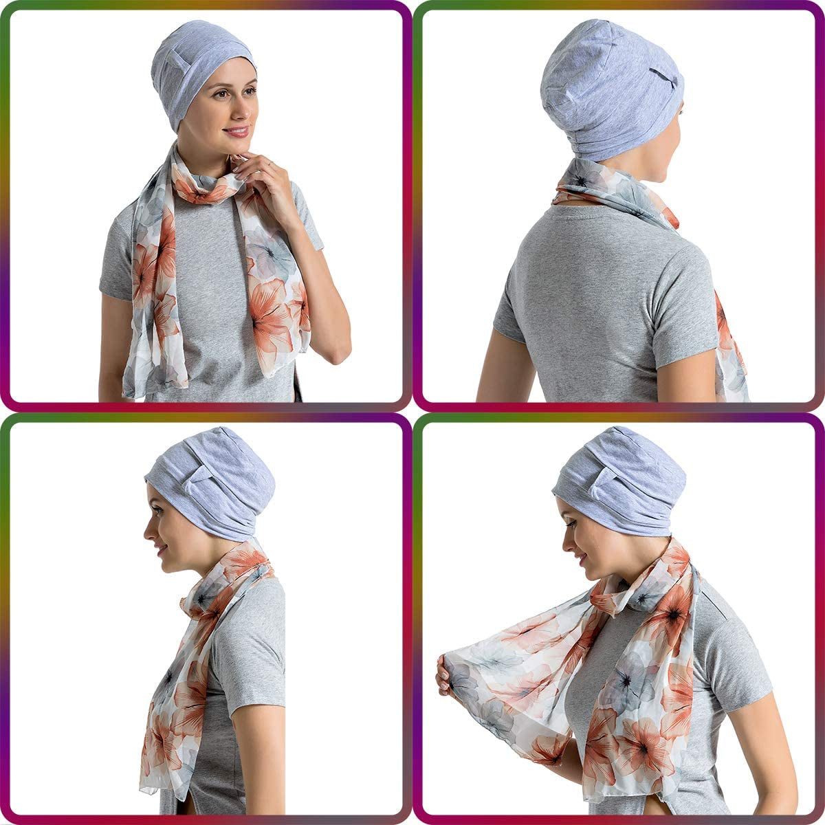 Bamboo Cotton Liner Chemo Headwear for Womenwith Silky Scarfs for Cancer Hair Loss Sleep Caps Beanie Gray Apparel & Accessories > Clothing Accessories > Headwear JarseHera