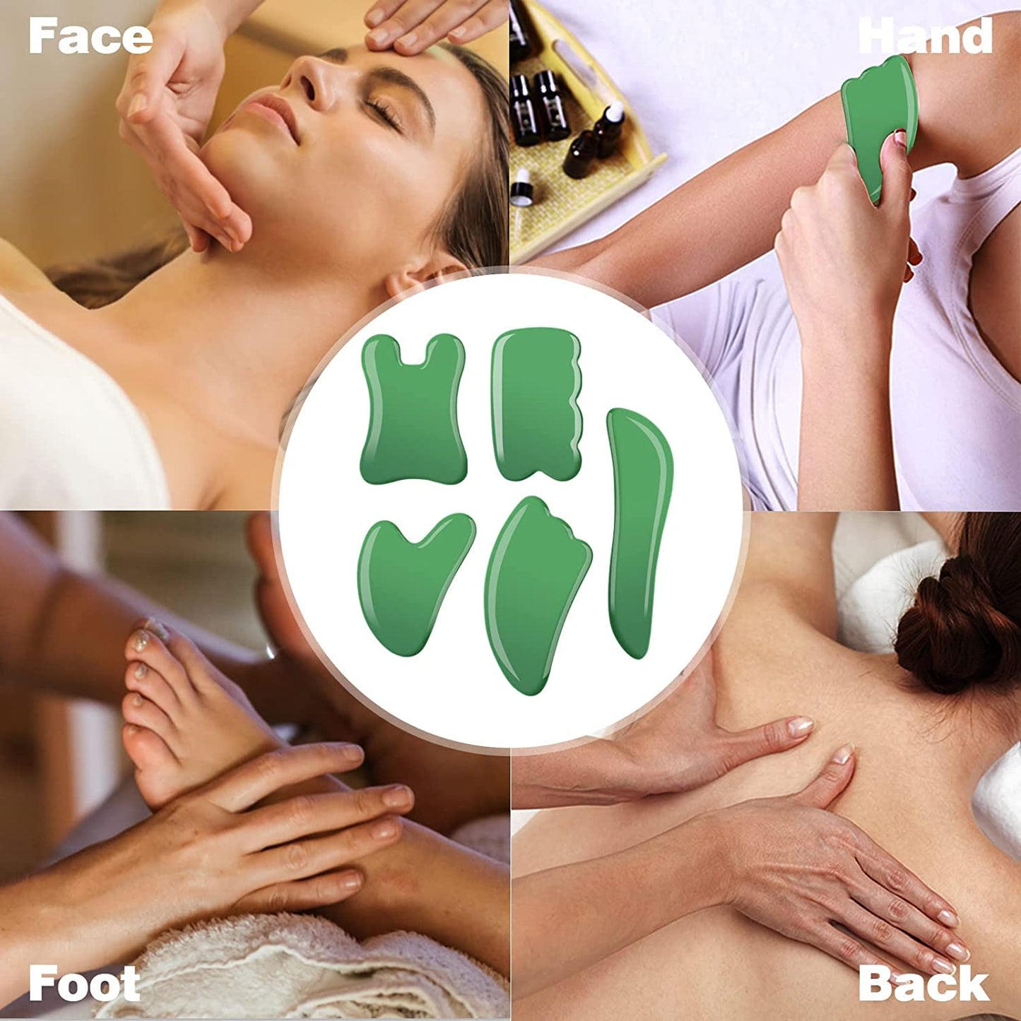 Gua Sha Facial Tools Set of 5 - Natural Jade Gua Sha Massage Broad for SPA Salon Acupuncture Skin Facial Care Treatment Therapy Trigger Point Treatment for Face, Emerald Health & Beauty > Personal Care > Cosmetics > Cosmetic Tools > Skin Care Tools SMIFACE