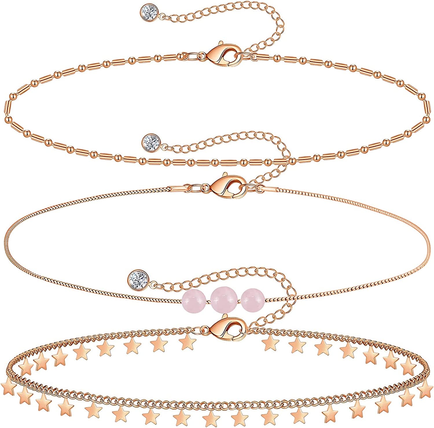 Gold Ankle Bracelets for Women 14K Gold Plated Anklet Silver Tennis Rose Quartz Cross Bead Herringbone Snake Paperclip Chain Cubic Zirconia Dainty Layered Anklet Set 3Pcs Apparel & Accessories > Jewelry > Anklets WeSparking O-Rose Gold-Star