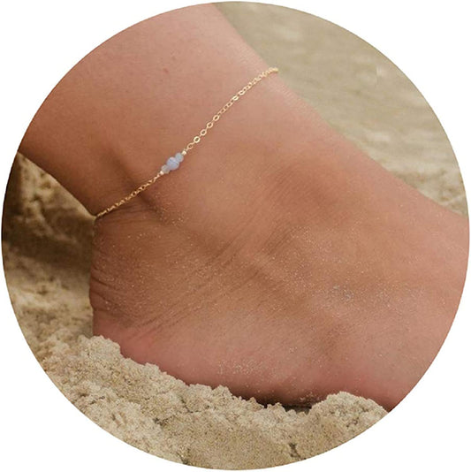 Kyerlyn Dainty Simple Chain Anklet for Women 18K Gold/Silver Plated Summer Beach Beaded Evil Eye Moon Figaro Butterfly Satellite Cuban Pearl Flat Marina Anklet Gift Apparel & Accessories > Jewelry > Anklets Kyerlyn Transparent Bead-Gold