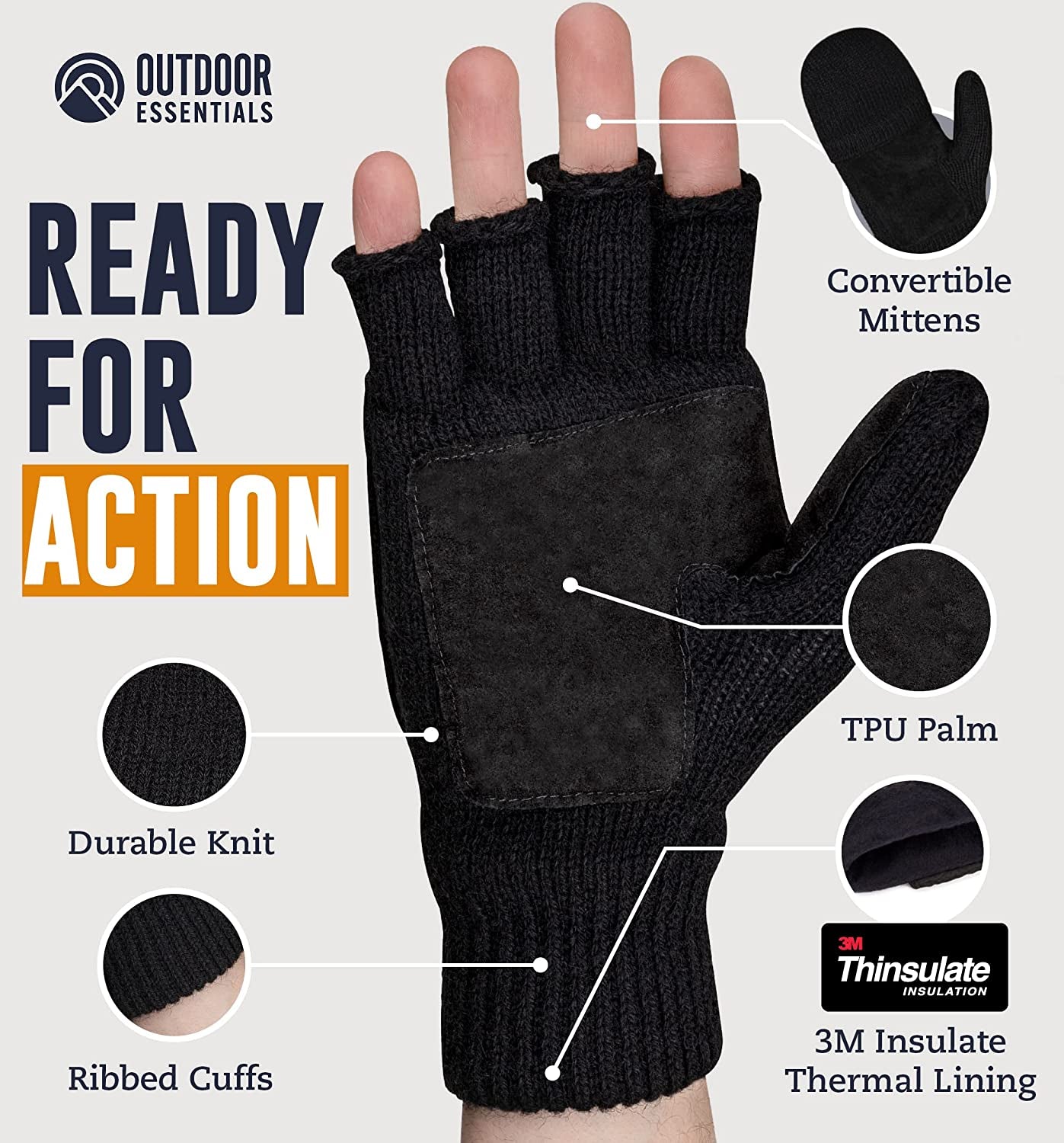 Fingerless Winter Gloves Convertible Wool Mittens for Men & Women - Warm Thermal Knit Flip Top Snow Glove for Cold Weather Apparel & Accessories > Clothing Accessories > Gloves & Mittens OutdoorEssentials