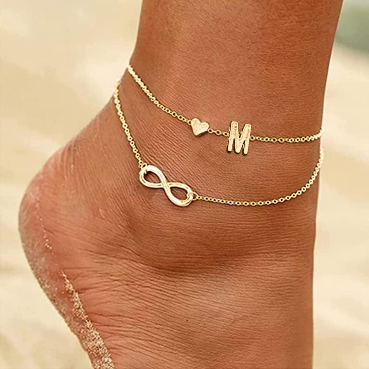 Heart Layer Anklet Female Bracelets Letters Letters Chain Double Initial 26 Letter Alert Bracelet for (M, One Size) Apparel & Accessories > Jewelry > Anklets Generic