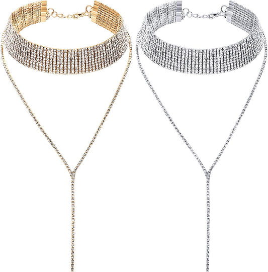 Meekoo 2 Pieces Rhinestone Tassel Choker Necklace Multi-Layer Wide Collar Necklaces Tassel Chain Necklaces for Women Girls Favor Apparel & Accessories > Jewelry > Necklaces meekoo