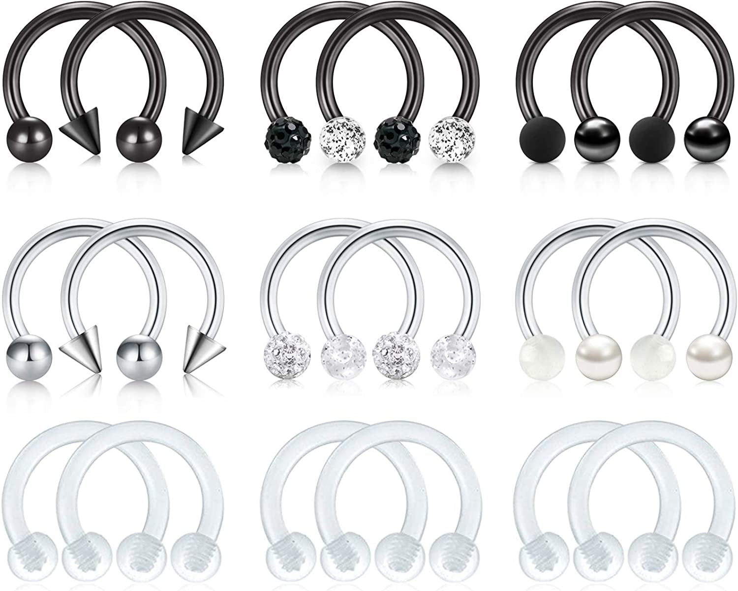 Mayhoop 16G Surgical Steel Horseshoe Nose Septum Rings Piercing Jewelry Cartilage Helix Tragus Earring Hoop Lip Horseshoe Piercing Retainer for Women Men 6Mm 8Mm 10Mm Apparel & Accessories > Jewelry > Rings Mayhoop 6-1#18Pcs-Black&Silver&Clear-10mm(3/8")