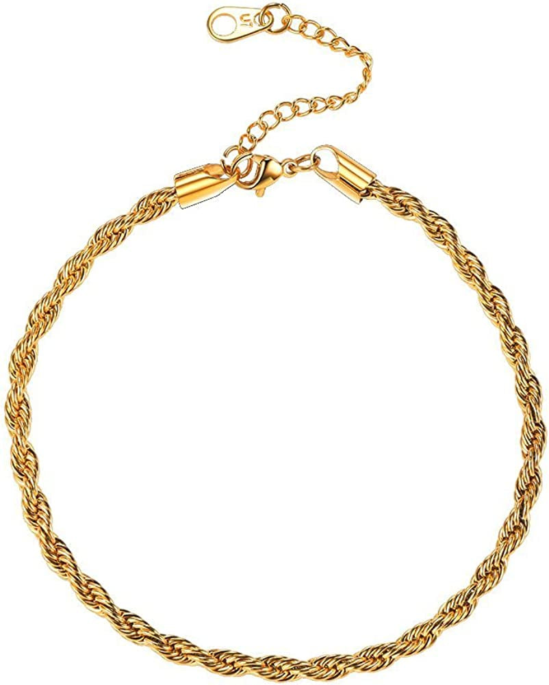 Women Girls Barefoot Jewelry 18K Gold or Rose Gold Stainless Steel Heart / Rope / Figaro / Cuban Chain Anklet Foot Bracelet, 25-30 CM Long Apparel & Accessories > Jewelry > Anklets U7 Jewelry 04.Gold plated-3mm rope chain