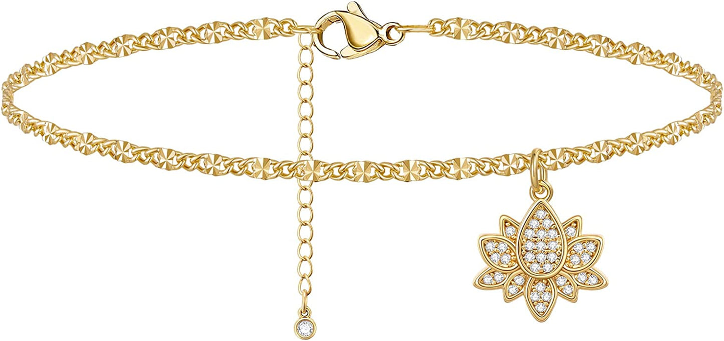Kissyan Gold Ankle Bracelets for Women, Dainty 14K Gold Plated Anklets Cuban Link Chain Ankles Adjustable Snake Tennis Anklet Bracelet Tiny Beach Foot Jewelry Gifts for Women Girls Apparel & Accessories > Jewelry > Anklets KissYan Gold-lotus