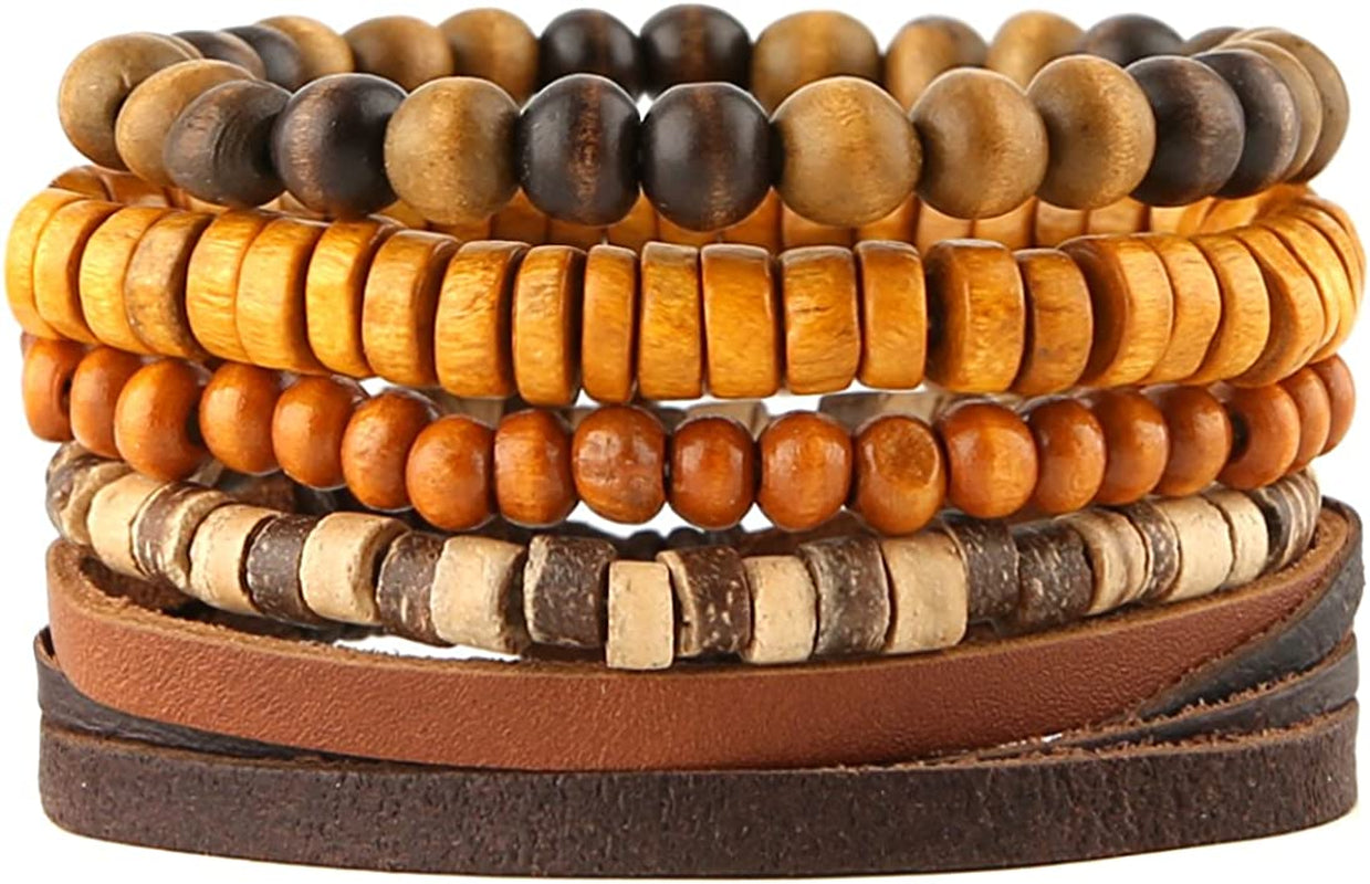 HZMAN Wrap Bracelets Men Women, Hemp Cords Wood Beads Ethnic Tribal Bracelets, Leather Wristbands Apparel & Accessories > Jewelry > Bracelets HZMAN Coconut shell 5 Mix