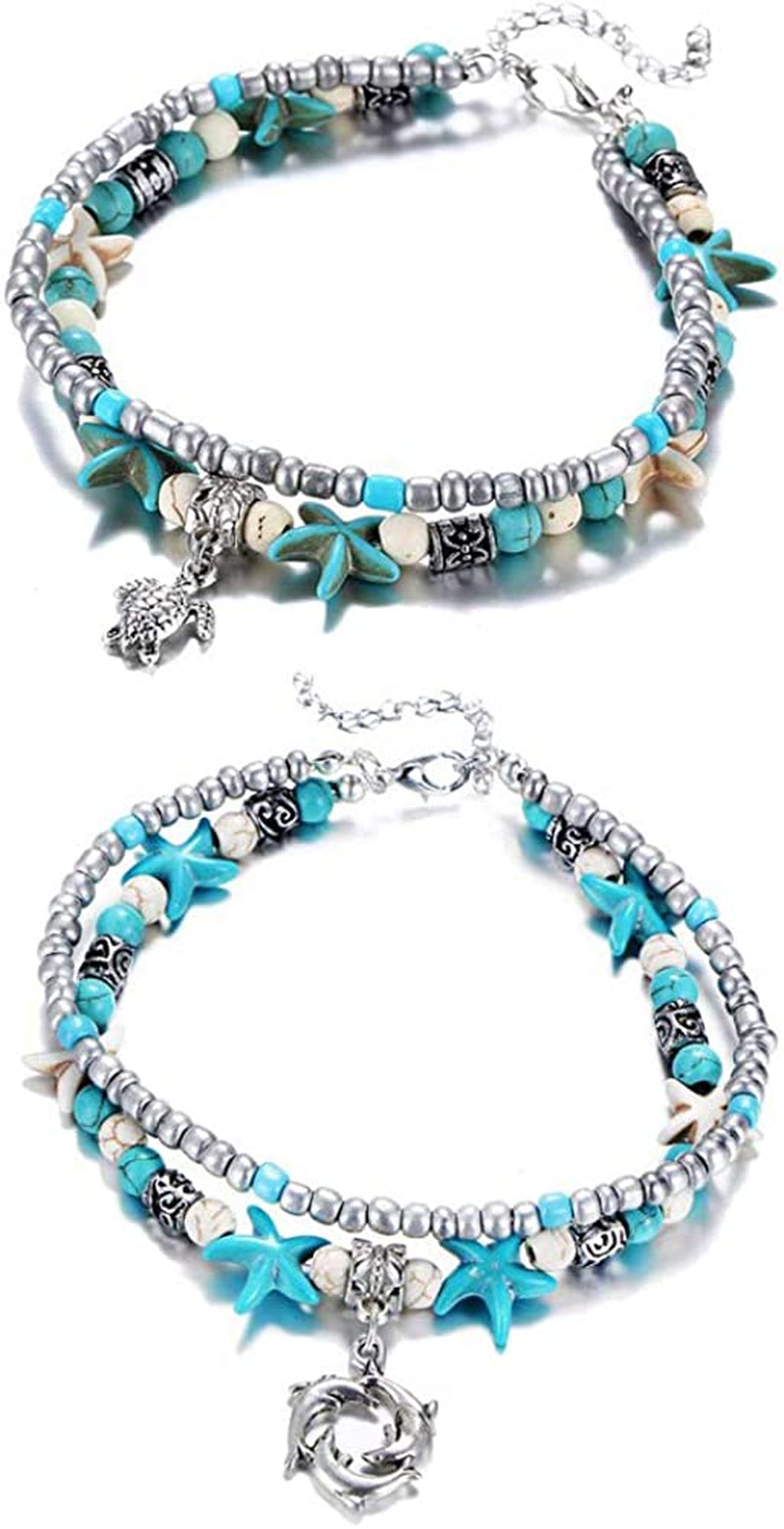 Softones Blue Starfish Turtle Anklet Multilayer Charm Beads Sea Handmade Boho Anklet Foot Jewelry for Women Girl Apparel & Accessories > Jewelry > Anklets Softones F:2pcs Turtle Dolphin