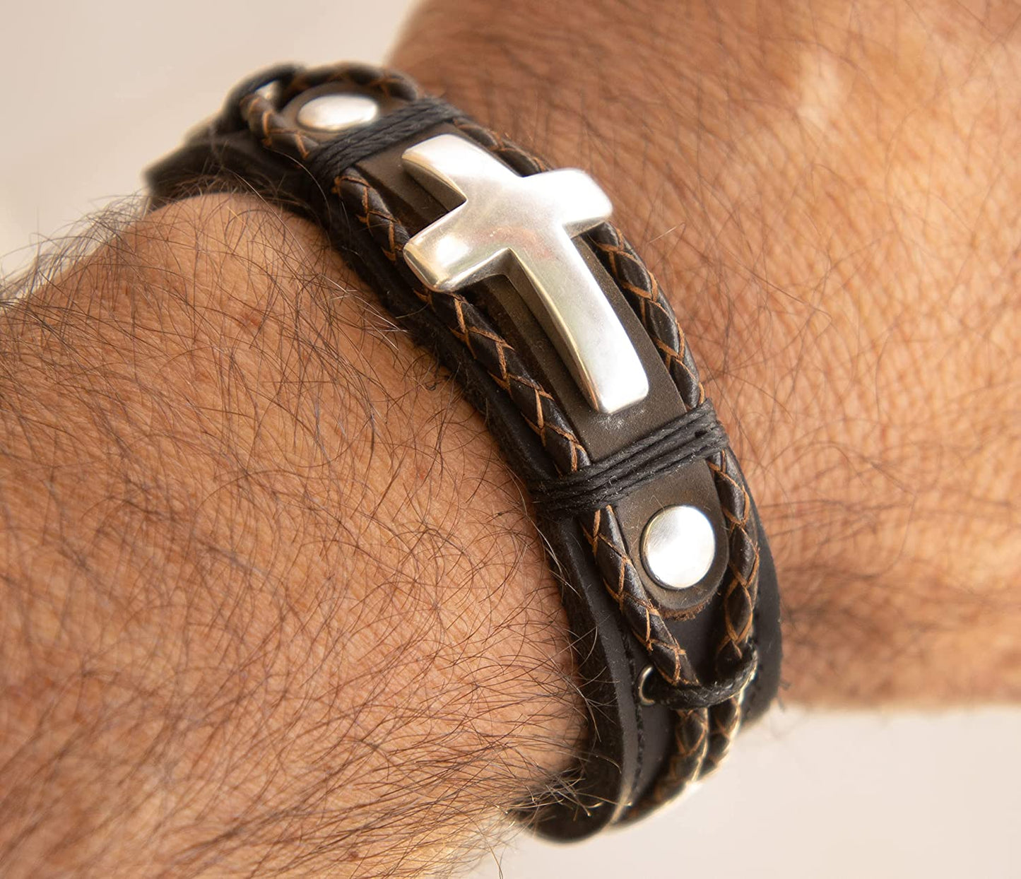 Rustic Leather Cross Bracelet Christian Men'S Gift Religious Wristband Apparel & Accessories > Jewelry > Bracelets Lost Tribe Designs