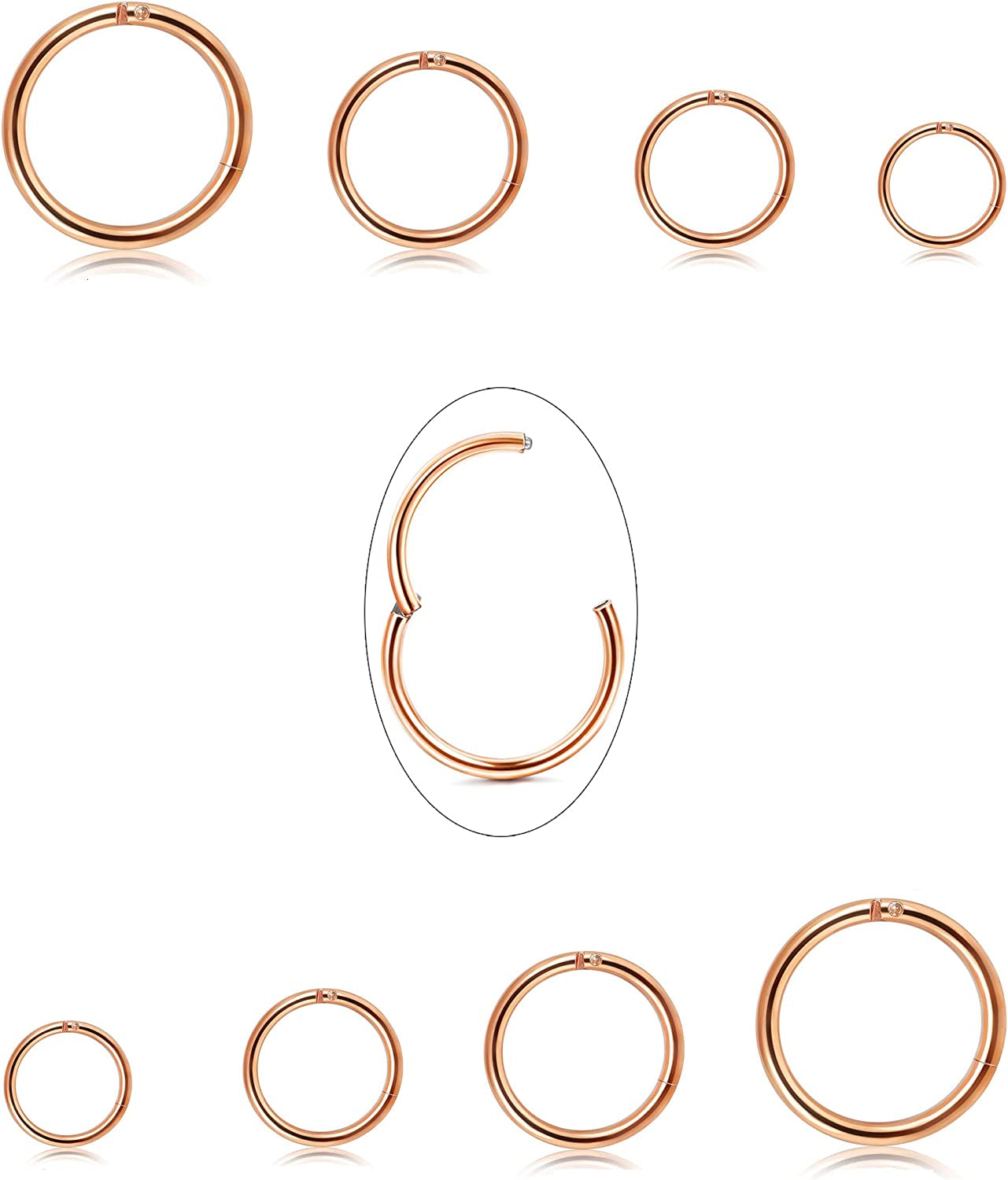 Jstyle 8Pcs 16G Surgical Steel Hinged Clicker Segment Nose Rings Hoop Helix Cartilage Daith Tragus Sleeper Earrings Body Piercing 6-12MM Improved Apparel & Accessories > Jewelry > Rings Jstyle Rose-gold