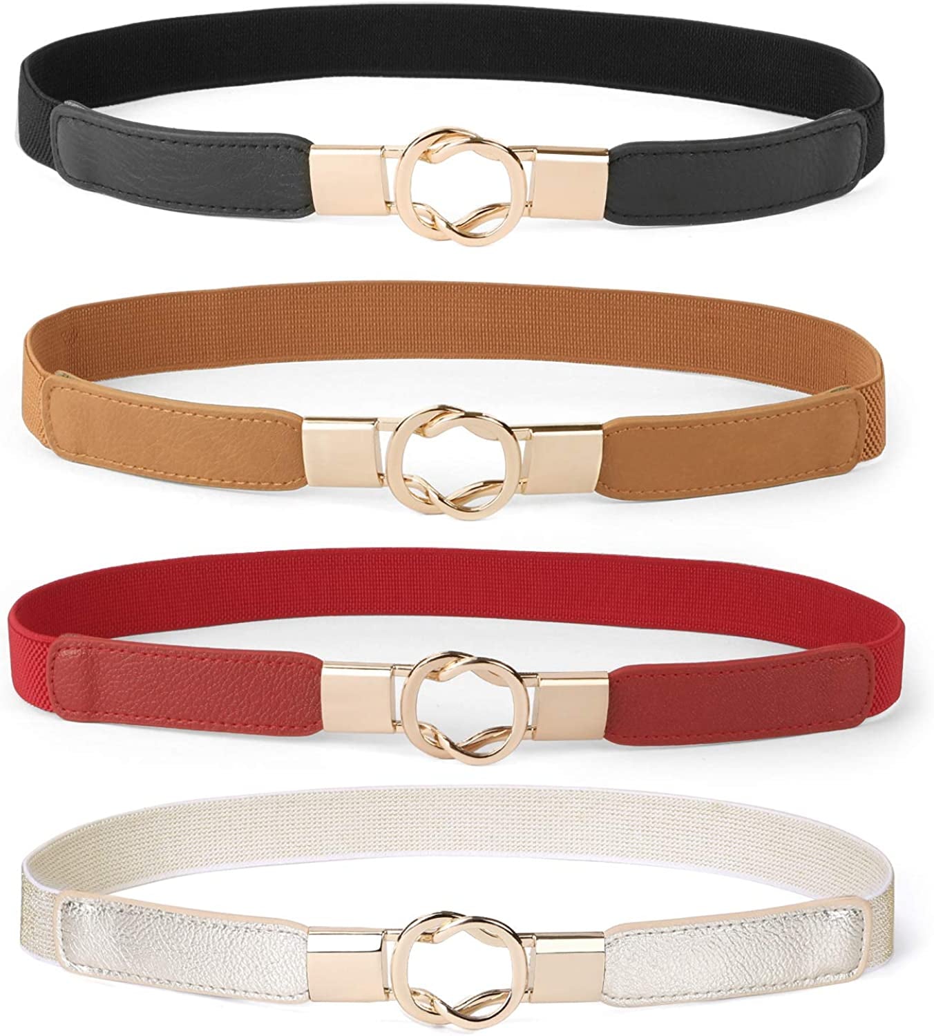 Women Skinny Belt for Dresses Retro Stretch Ladies Waist Belt plus Size Set of 4 Apparel & Accessories > Clothing Accessories > Belts WERFORU G--black+brown+red+gold Fits Waist 30"-42"