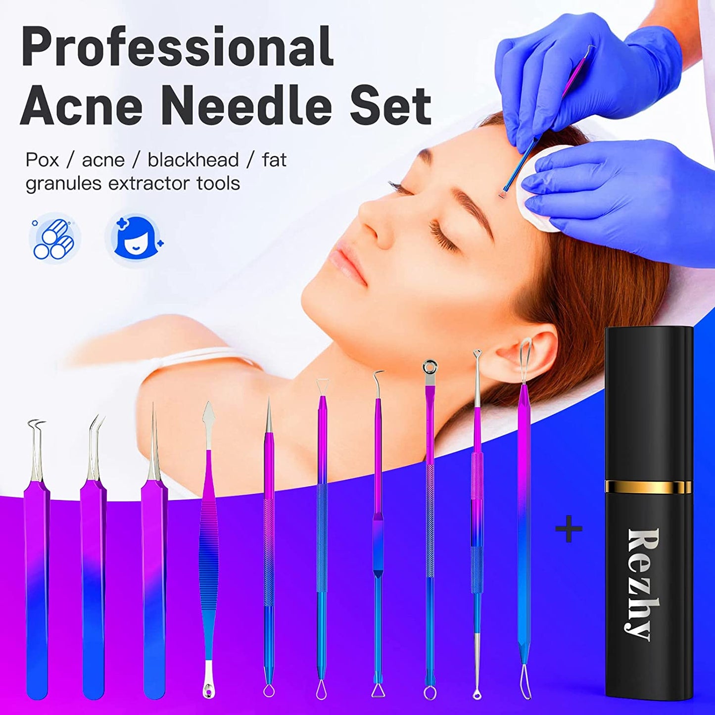 Pimple Popper Tool Kit, Rezhy 10 Pcs Blackhead Remover Comedone Extractor, Pimple Extractors Blackhead Extractor Kit for Acne Blemish Removal with Metal Case (Multicolor) Health & Beauty > Personal Care > Cosmetics > Cosmetic Tools > Skin Care Tools Rezhy