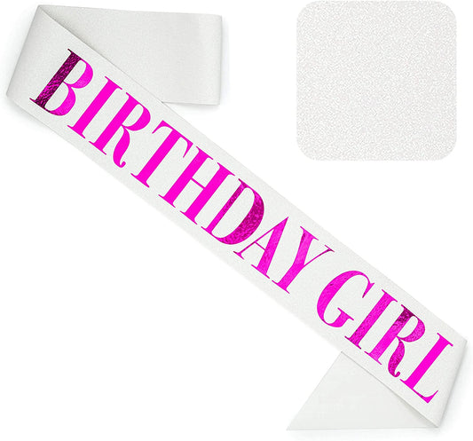 CORRURE 'Birthday Girl' Sash Glitter with Pink Foil - White Glitter Happy Birthday Sash for Women - Party Favors Supplies and Decorations for Sweet 16, 18Th 21St 30Th 40Th or Any Bday Party Apparel & Accessories > Clothing Accessories > Sashes CORRURE White - Pink