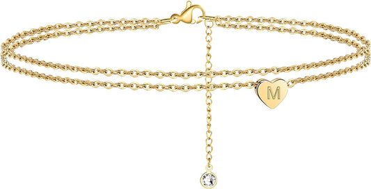 Turandoss Heart Initial Ankle Bracelets for Women, 14K Gold Filled Handmade Dainty Layered Anklet Letter Initial Heart Ankle Bracelets for Women Beach Jewelry Gifts Apparel & Accessories > Jewelry > Anklets Turandoss M