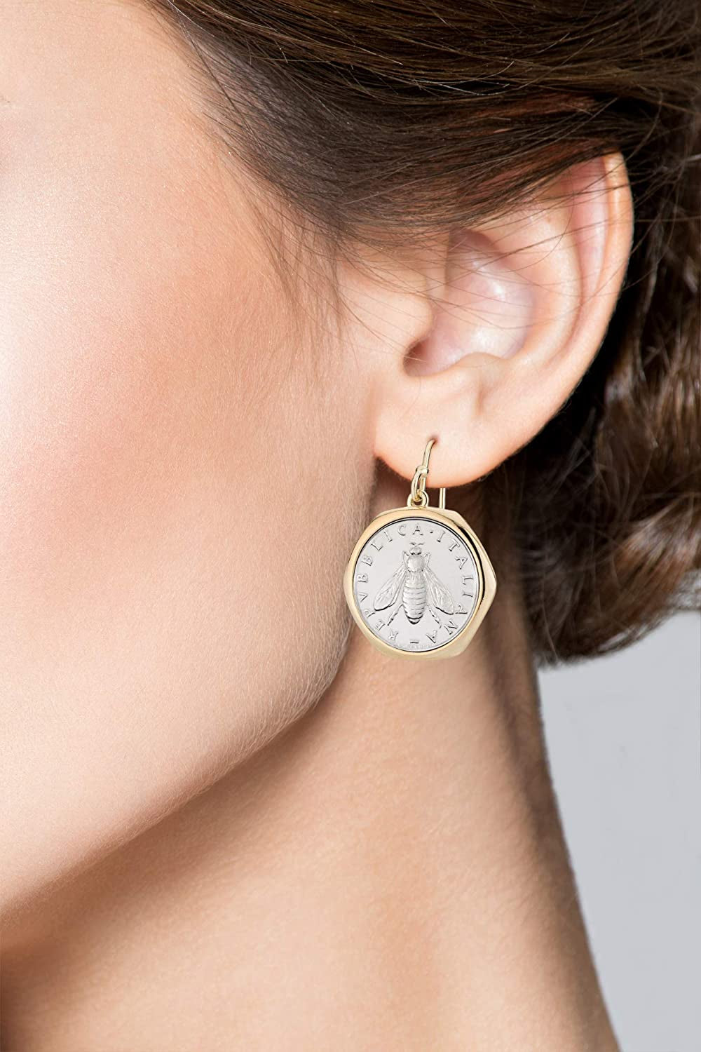 Miabella 18K Gold over Sterling Silver Italian Genuine 2-Lira Bee Coin Retro Dangle Drop Earrings for Women 925 Made in Italy Apparel & Accessories > Jewelry > Earrings Miabella